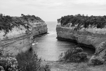 Coastline of the Pacific Ocean on the Great Ocean Road in Black and White