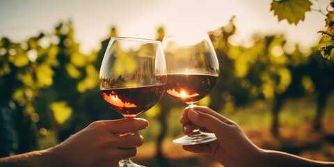 Blurred image of friends toasting wine in a vineyard in the daytime outdoors. Happy friends having fun outdoors. - obrazy, fototapety, plakaty