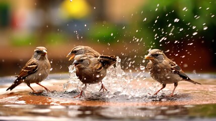 sparrows splashing in a puddle of water in the rain