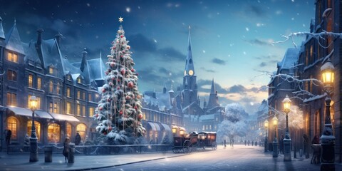 Fairytale winter town, square in front of the magistrate with a Christmas tree, background fantasy, - obrazy, fototapety, plakaty