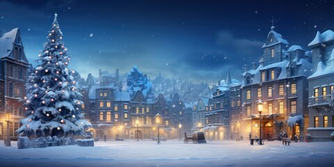 Fairytale winter town, square in front of the magistrate with a Christmas tree, background fantasy,