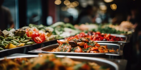 People group catering buffet food indoor in restaurant with italien food blur background  - obrazy, fototapety, plakaty