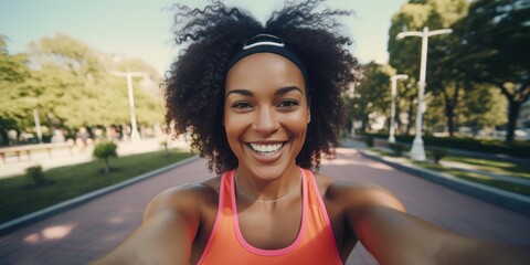 Smiling black afro-american woman in sport clothes and head band takes selfie by two hands in the...