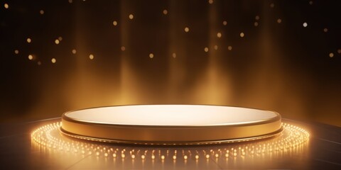 Spotlight on a golden podest at festive stage at night, empty 3d room mockup with product display