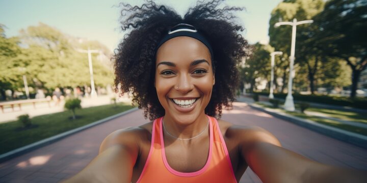 Smiling black afro-american woman in sport clothes and head band takes selfie by two hands in the park while jogging