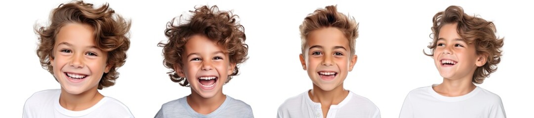 Fototapeta premium Collection of PNG. Cute white american boy child model with perfect clean teeth laughing and smiling isolated on a transparent background.