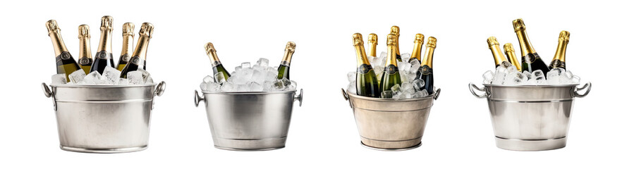 Collection of PNG. Bottles of champagne in ice bucket cooler isolated on a transparent background. - obrazy, fototapety, plakaty