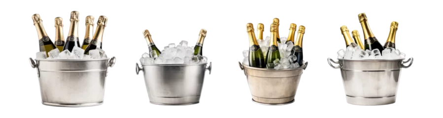 Fotobehang Collection of PNG. Bottles of champagne in ice bucket cooler isolated on a transparent background. © morepiixel