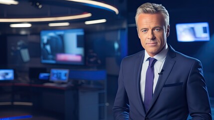 TV news presenter handsome mature white american british guy in a suit on live stream broadcast on television popular channel.