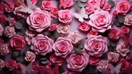 vibrant 3d pink roses and butterflies flourishing on a lush green living wall