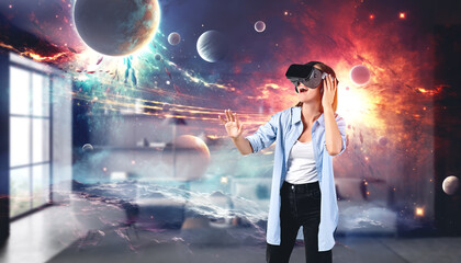 Woman in vr glasses, cosmos in metaverse. Ai generative illustration - obrazy, fototapety, plakaty