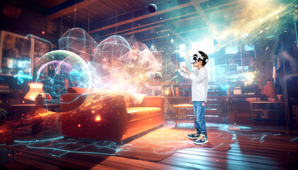 Boy in vr goggles, studying in virtual world. Ai generative illustration