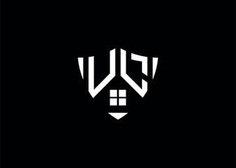 Real estate letter UL shield shape logo and house building vector template.