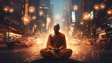 Fototapeten enlightenment concept with Buddhist monk meditating on busy street © Boraryn