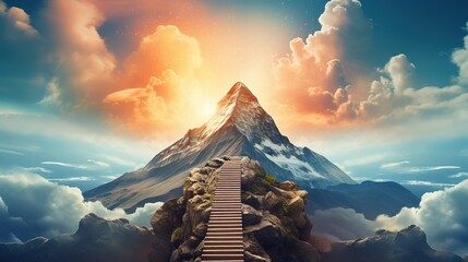 Digital mountain The path to success or business goals achievement concept - obrazy, fototapety, plakaty