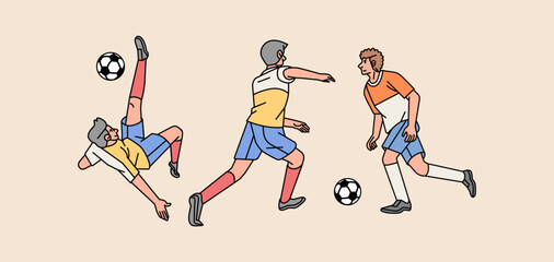 Soccer players character in action various poses set line style illustration