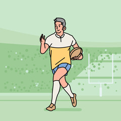Rugby football character players action Athlete field line style illustration