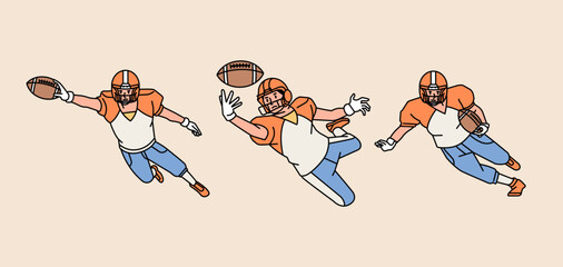 American football character players in action set line style illustration