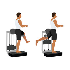 Fototapeta premium Man doing Rear leg raise workout with machine. Lever standing rear kick exercise. Flat vector illustration isolated on white background