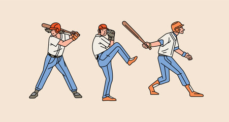 Baseball character players in action set line style illustration
