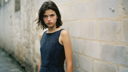 Outdoor portrait of a young teen fashion model with short dark hair standing against a white wall while modeling a dark blue dress.