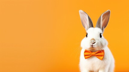 Cheerful Bunny Delight: White Smiling Rabbit Wearing Orange Bow Tie, Easter-themed Joy
