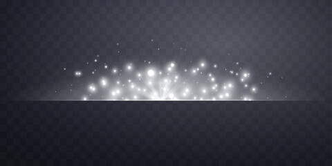 Silver horizontal lensflare. Light flash with rays or spotlight and bokeh. Silver glow flare light effect. Vector illustration. Isolated on dark transparent background. - obrazy, fototapety, plakaty