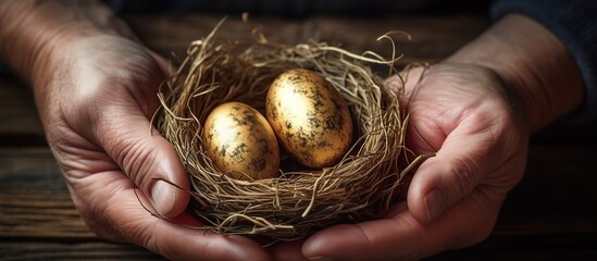 Nest with golden eggs in hand