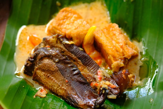 Mangut Ikan Asap is Traditional Indonesian cuisine made of smoked stingray, coconut milk, tofu, chilies and spices. Served on a pottery plate covered with banana leaves. Indonesian food. 