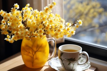 Spring white and yellow flowers in a yellow vase and a cup on the windowsill against the background of the window.