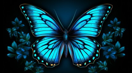 vibrant blue butterfly on dark background - elegant insect wing design, wildlife illustration for wallpaper, decoration, and concept ideas - obrazy, fototapety, plakaty