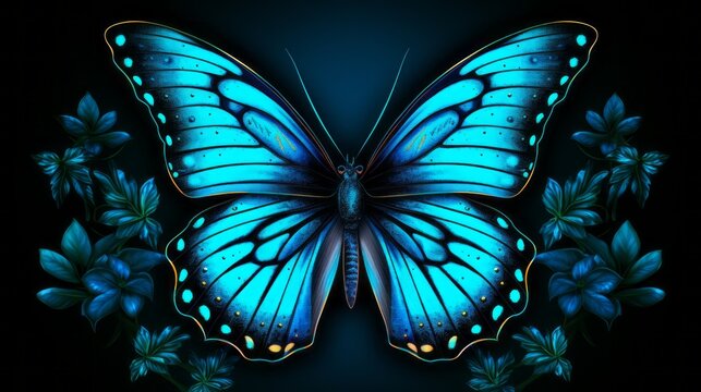 vibrant blue butterfly on dark background - elegant insect wing design, wildlife illustration for wallpaper, decoration, and concept ideas © Ashi