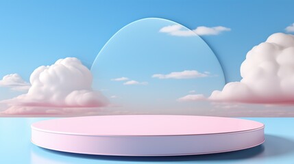 realistic podium product and smoke clouds. Blue and white 3d render scene with product podium display and clouds