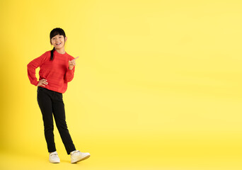 full body Image of Asian girl wearing a sweater posing on a yellow background