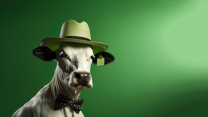 A cow in a hat and bow tie on a green background. - obrazy, fototapety, plakaty