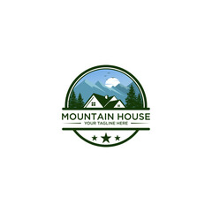  Mountain house combined vector logo symbol, Property house logo real estate emblem rounded shape mountain hill window roof home, property logo, mountain house logo, home and business logo design
