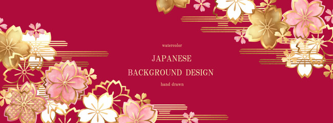 桜, 和柄, 花, 春, 水彩, 背景, フレーム, 金箔, ピンク, ゴールド, 年賀状, 和, 和風, ベクター, イラスト © surface Change