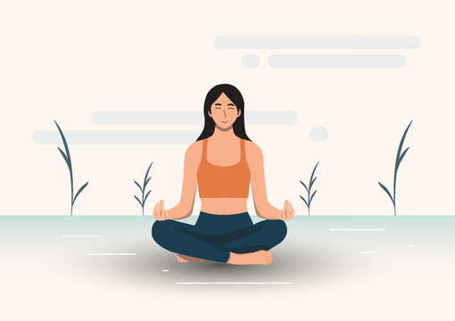 Meditation, The Woman sits cross-legged to meditate to calm her mind. Give rise to new work ideas Vector illustration blue tone background