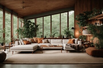 Interior design of a modern living room in a forest-themed mid-century loft home