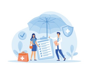  Health insurance concept. Big clipboard with document on it under the umbrella. Healthcare, finance and medical service. flat vector modern illustration 