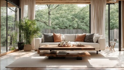  Rustic coffee table near white fabric sofa against the window. Japan style home interior design of modern living room