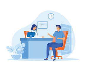 Patient Consults Symptoms of Disease with a Therapist Doctor in Hospital. Medical Person Character. flat vector modern illustration 
