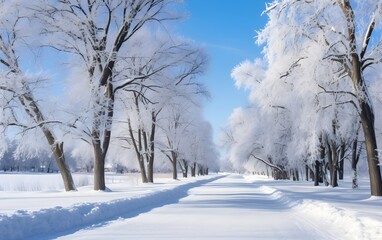 Obraz premium Snow covered road surrounded by trees on both sides. Winter and holidays concept.