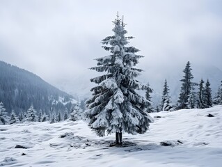 Fototapeta premium Fir tree covered by snow in winter. Winter and holidays concept.