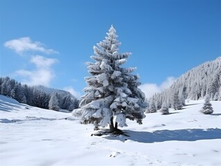 Fir tree covered by snow in winter. Winter and holidays concept.
