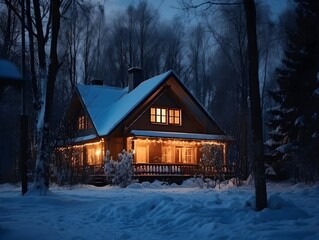 Snow-covered wooden house in the forest at winter night landscape