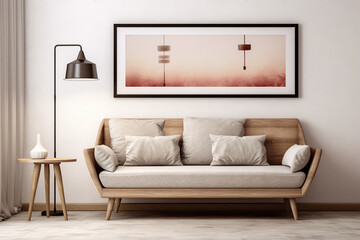 Mockup of a painting in a room with a sofa and a minimalist lamp