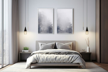 mockup of a painting in a minimalist bedroom with lamps and modern decoration