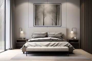 mockup of a painting in a minimalist bedroom with lamps and modern decoration