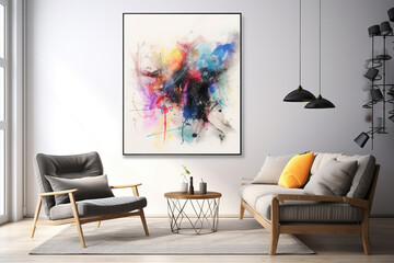 mockup of a large painting in a living room with a modern armchair